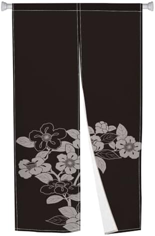 Black Noren Door Curtain with Blooming Flowers Pattern