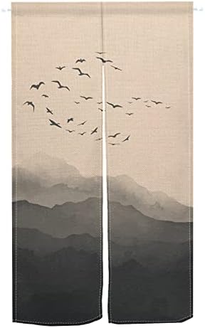Leowefowa Traditional Japanese Noren Curtain with Mountains and Wild Goose Print