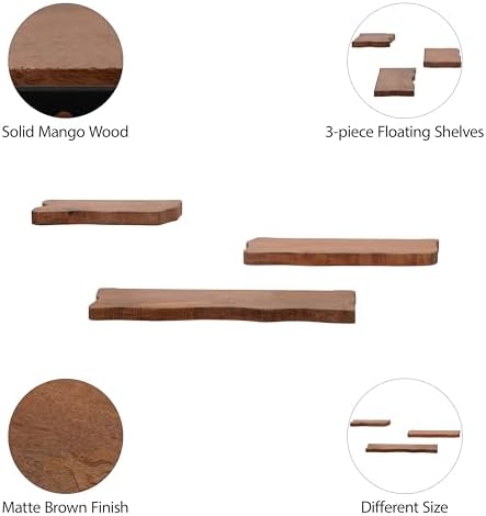 Sagebrook Home Floating Wall Shelves Set of 3 Mango Wood with Iron Brackets