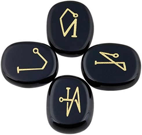 SUNYIK Flat Oval Black Agate Angel Symbols Set of 4