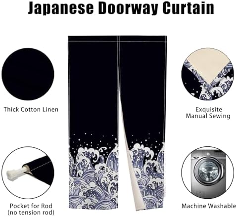 Noren Doorway Curtain with Navy Blue Waves Pattern