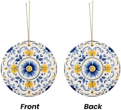 DXTKWL Christmas Ornaments Blue Yellow Ceramic Round Pendant Hanging Decorations