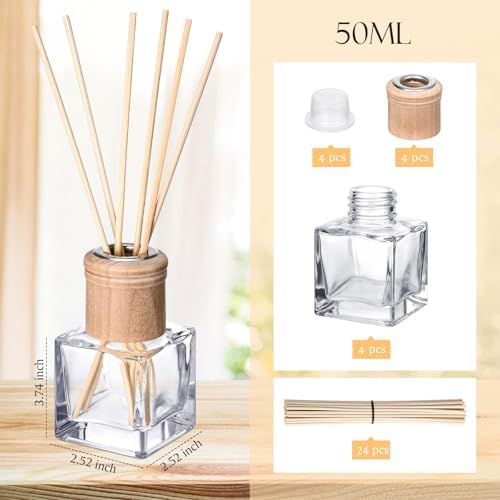 Roshtia 4 Set Glass Diffuser Bottles with Wooden Caps and Rattan Sticks