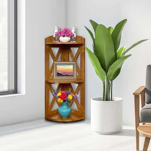 YCICI Corner Shelf Stand 3 Tier Natural Wood Bookshelf