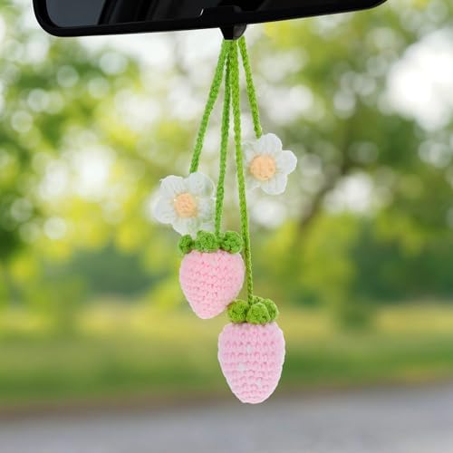 Telooco Crochet Strawberry Car Hanging Ornament Set