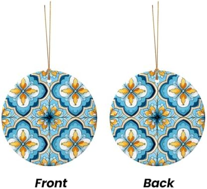 Christmas Ornaments Blue Yellow Quatrefoil Round Ceramic Pendant Decor