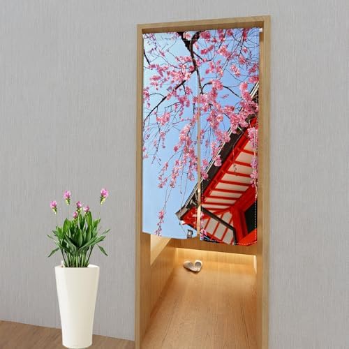 Leowefowa Japanese Noren Door Curtain Panel Spring Pink Cherry Blossom