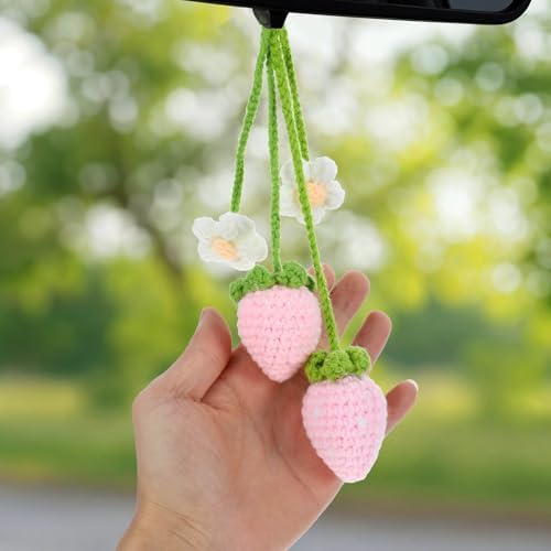 Telooco Crochet Strawberry Car Hanging Ornament Set