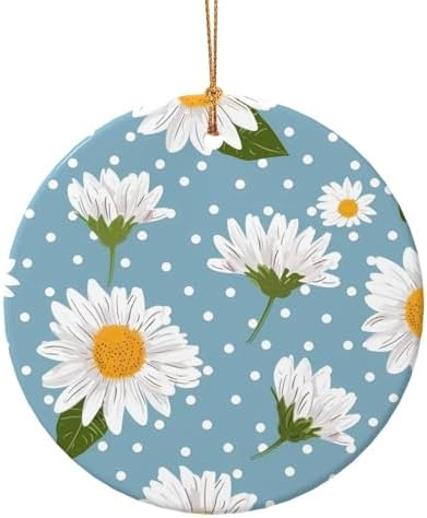 Christmas Ornaments Daisy Flower Polka Dots Round Ceramic Pendant Decor