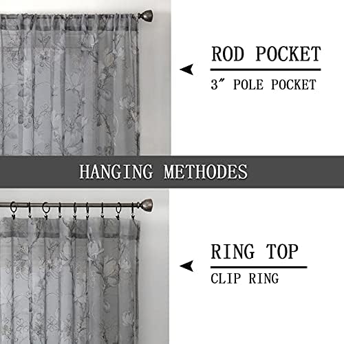 Tollpiz Floral Grey Sheer Curtains with Vine Embroidery