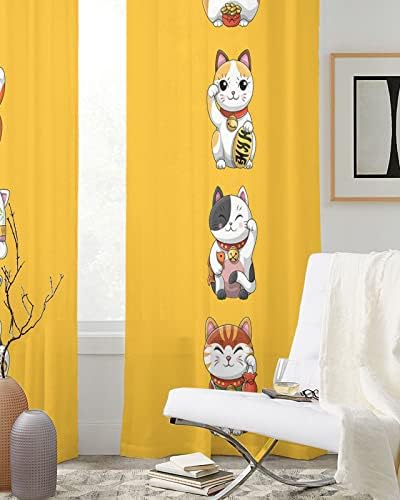 Falaniique Lucky Cats Sheer Curtains 2 Panels Set