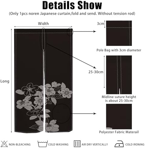 Black Noren Door Curtain with Blooming Flowers Pattern