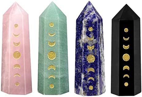 Set of 4 Engraved Moon Phase Crystal Wands for Reiki and Meditation