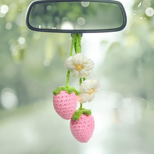 Cute Crochet Strawberry Flower Car Hanging Ornaments 2 Pcs