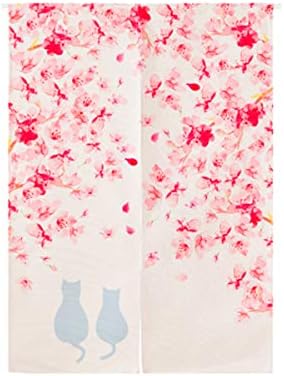 Cotton Linen Japanese Noren Curtain with Sakura and Cats Design