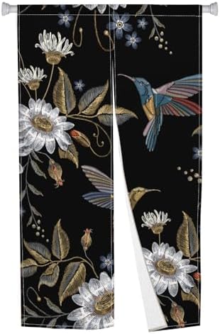 Japanese Noren Door Curtain with Blooming Flowers and Birds Pattern