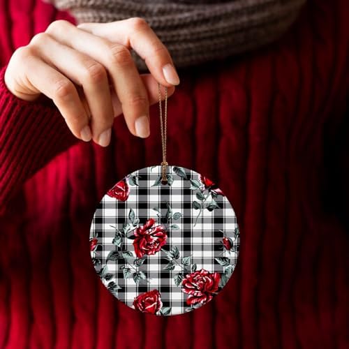 Christmas Ornaments Retro Rose Black Plaid Ceramic Pendant