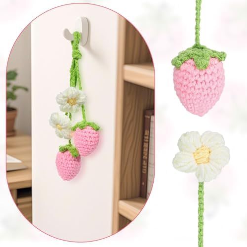 Cute Crochet Strawberry Flower Car Hanging Ornaments 2 Pcs
