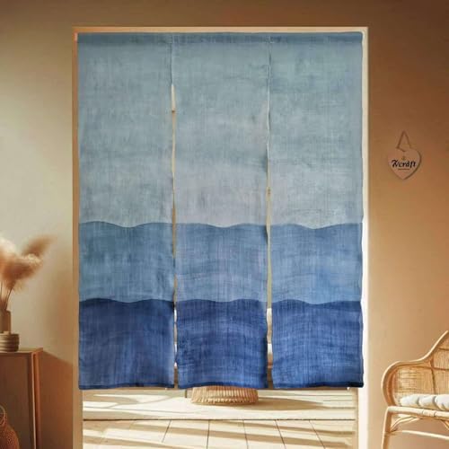 Handwoven Japanese Noren Curtain 3 Panels Blue Waves