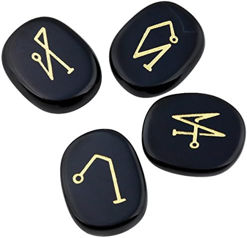 SUNYIK Flat Oval Black Agate Angel Symbols Set of 4