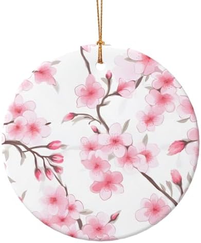 Pink Cherry Blossom Round Ceramic Christmas Ornaments 1
