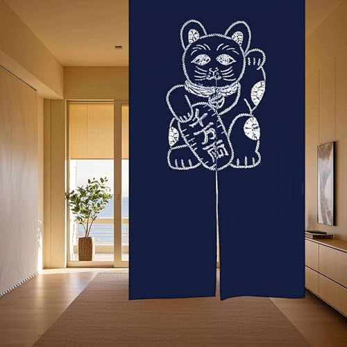 Hand Dyed Japanese Noren Curtain with Lucky Cat Design