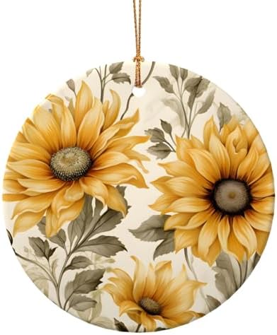 DXTKWL Christmas Ornaments Retro Sunflower Round Ceramic Pendant Decor