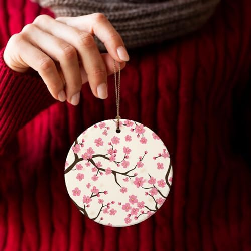 Pink Cherry Blossom Round Ceramic Christmas Ornaments