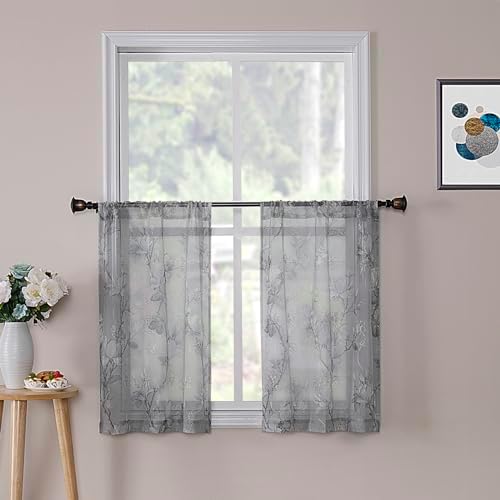 Tollpiz Floral Grey Sheer Curtains with Vine Embroidery