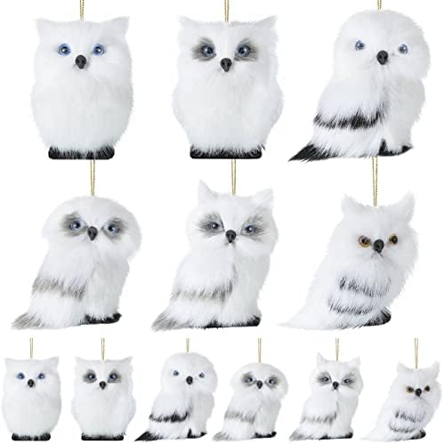 12 Pcs White Faux Fur Owl Christmas Hanging Decorations