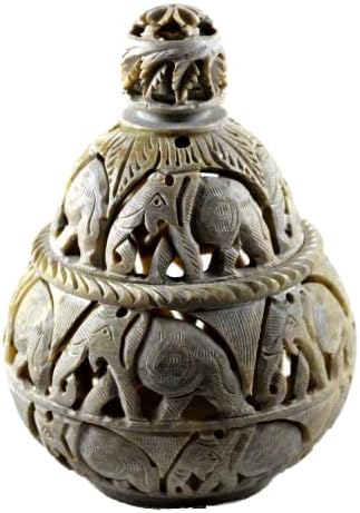 Varmohey Royal Handicrafts Soapstone Tea Light Holder and Potpourri Box with Elephant Carving