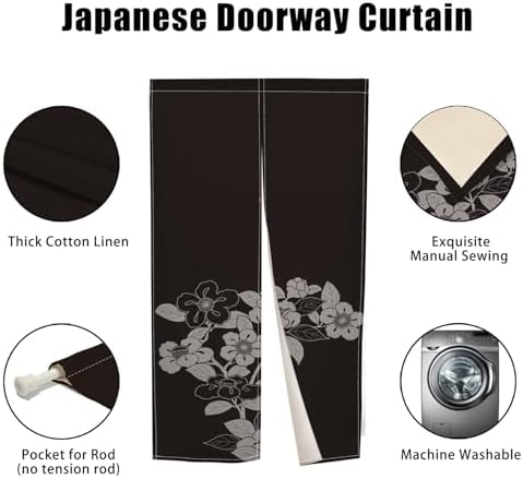 Black Noren Door Curtain with Blooming Flowers Pattern