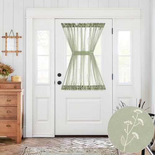 Jinchan French Sheer Door Curtain with Tieback 40 Inches Green on Beige