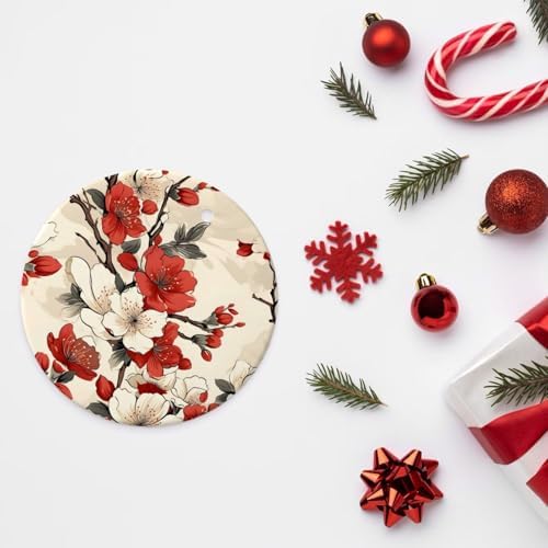 Christmas Ornaments White Red Cherry Blossom Ceramic Round Pendant Decor