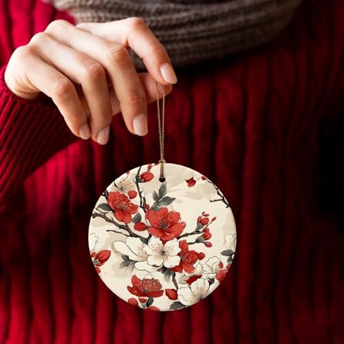 Christmas Ornaments White Red Cherry Blossom Ceramic Round Pendant Decor