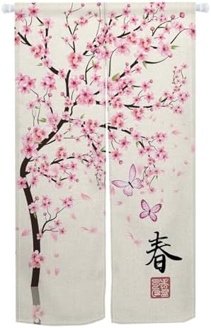Leowefowa Japanese Noren Door Curtain Pink Cherry Blossom Design
