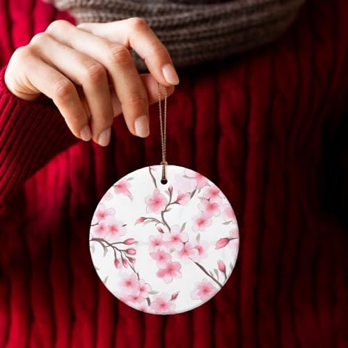 Pink Cherry Blossom Round Ceramic Christmas Ornaments 1
