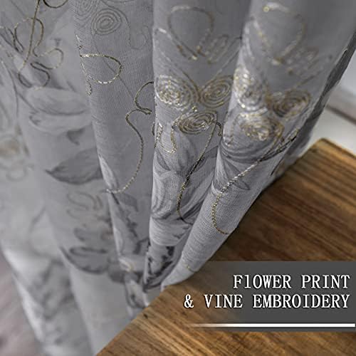 Tollpiz Floral Grey Sheer Curtains with Vine Embroidery
