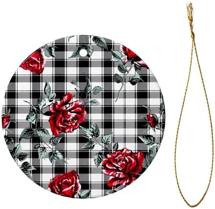 Christmas Ornaments Retro Rose Black Plaid Ceramic Pendant