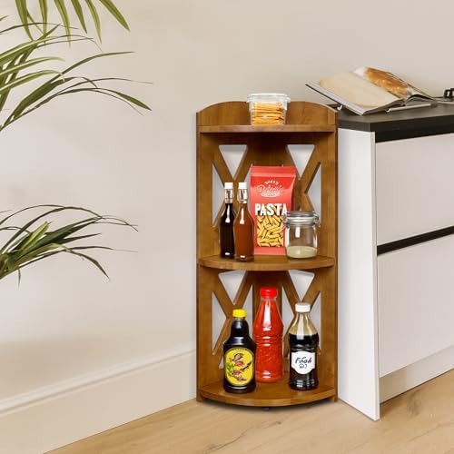 YCICI Corner Shelf Stand 3 Tier Natural Wood Bookshelf