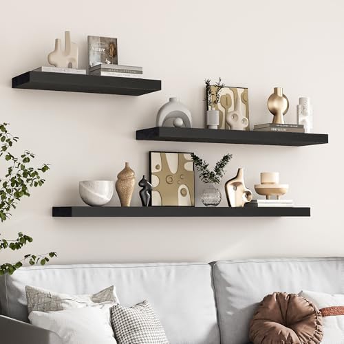 Marsmiles Black Floating Shelves Set of 2 - 24 Inch Ash Wood
