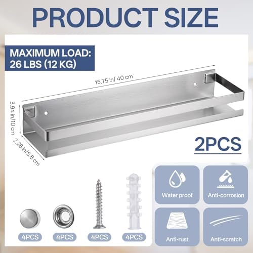 2 Pack Stainless Steel Floating Bathroom Shelf with Guardrails