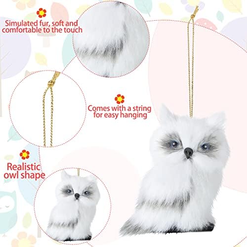 12 Pcs White Faux Fur Owl Christmas Hanging Decorations