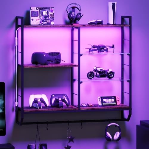 EYOCAL Gaming Floating Shelves with LED Lights and Glass Rack