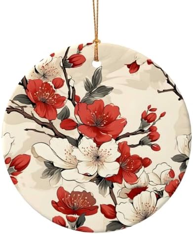 Christmas Ornaments White Red Cherry Blossom Ceramic Round Pendant Decor