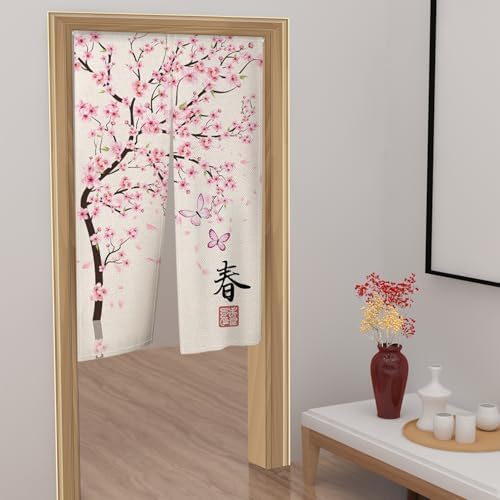 Leowefowa Japanese Noren Door Curtain Pink Cherry Blossom Design