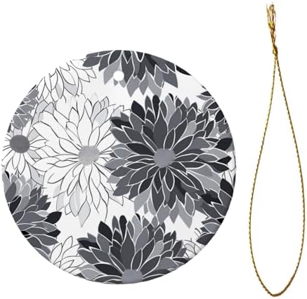 Christmas Ornaments Grey Black White Flower Round Ceramic Pendant Decor