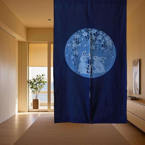 Handmade Shibori Noren Curtain in Cherry Blossom Bunnies
