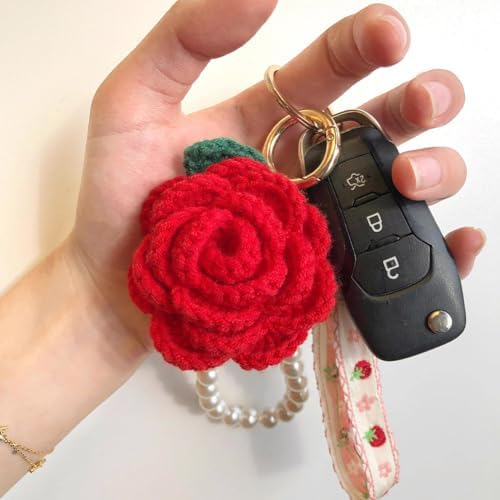 WAYUTO 2Pcs Pink Red Rose Crochet Car Hanging Decor