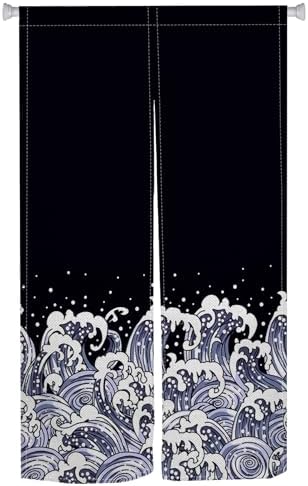 Noren Doorway Curtain with Navy Blue Waves Pattern